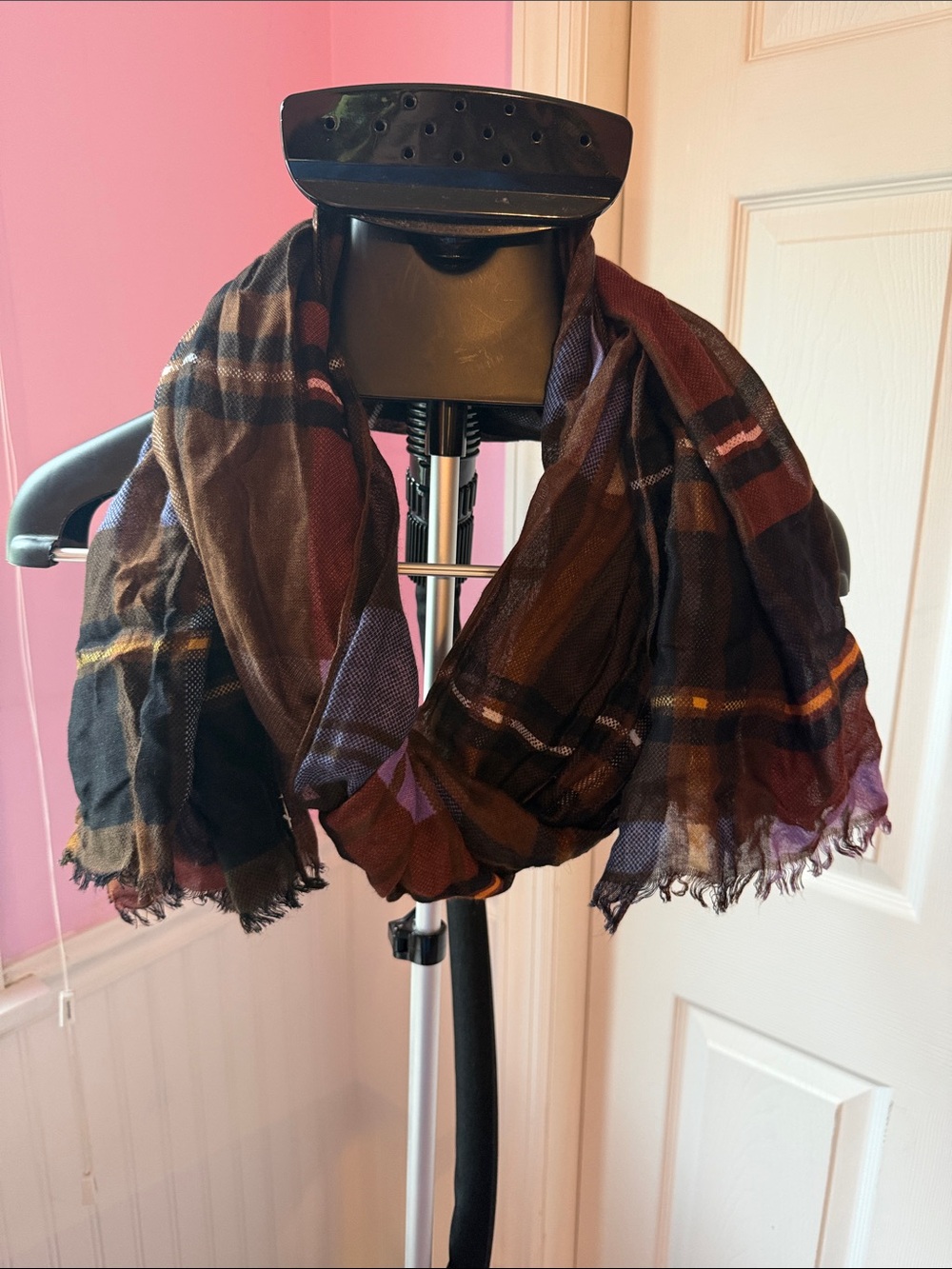 Vera Bradley Plaid Fringe Scarf in Brown, Purple, Blue - Picture 6 of 7